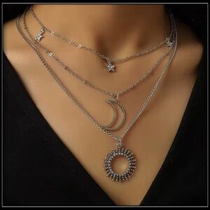 NEW SILVER TRIPLE LAYERED CELESTIAL SUN MOON & STARS CHOKER GOTH BOHO NECKLACE